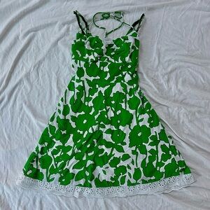 Green Floral A Line Sundress with Lace Trim Size 12